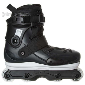 Black inline skate boot with visible brand logo on a white background
