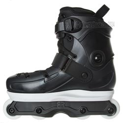 A black inline skate boot with white wheels, shown from a side profile view against a white background.