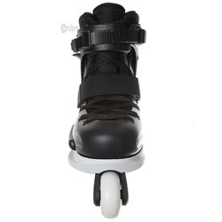 A single black inline skate boot with a white wheel base and white wheel, shown from a front-facing perspective on a plain white background.
