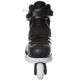 A single black inline skate boot with a white wheel base and white wheel, shown from a front-facing perspective on a plain white background.