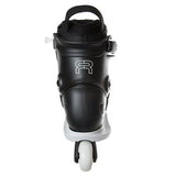 A black inline skate boot with a white base and a white wheel, featuring a prominent white stylized 'R' logo on the side.