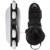 A pair of inline skates shown from two angles: a side profile view on the left with white wheels and a black frame, and a front-three-quarter view on the right showing a black boot with laces and ankle strap.