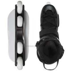 A pair of inline skates shown from two angles: a side profile view on the left with white wheels and a black frame, and a front-three-quarter view on the right showing a black boot with laces and ankle strap.