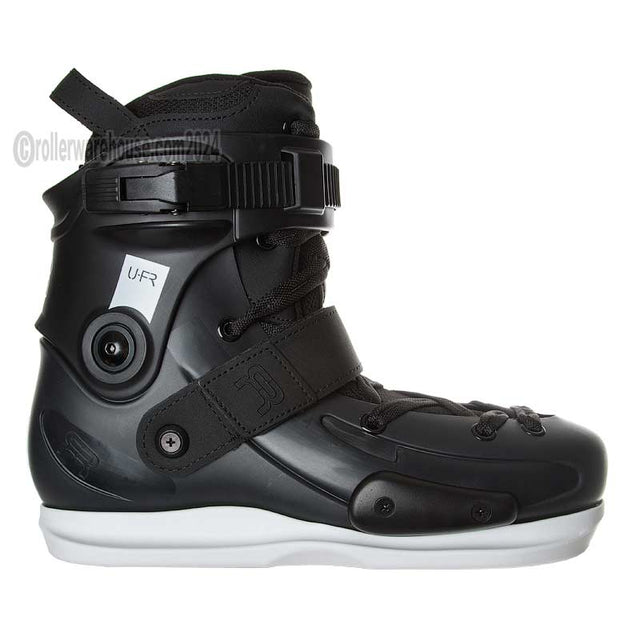 Black high-top boot with multiple straps on a white background