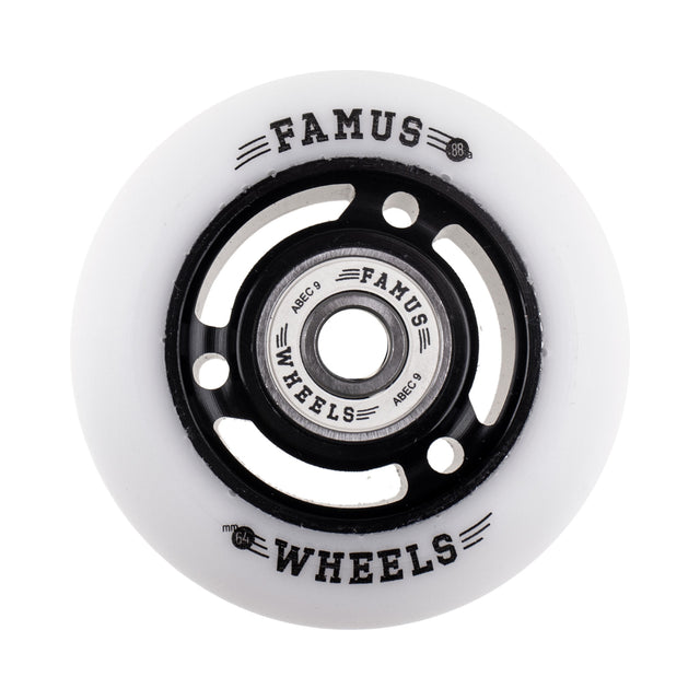 Close up shot of a single white urethane aggressive inline skate wheel with black text printed on the face of the wheel that reads "FAMUS 88A 64M WHEELS". the core and spokes of the wheel are black and there is a white bearing in the middle of the wheel with black text that reads "FAMUS ABEC 9 WHEELS". The background is white.