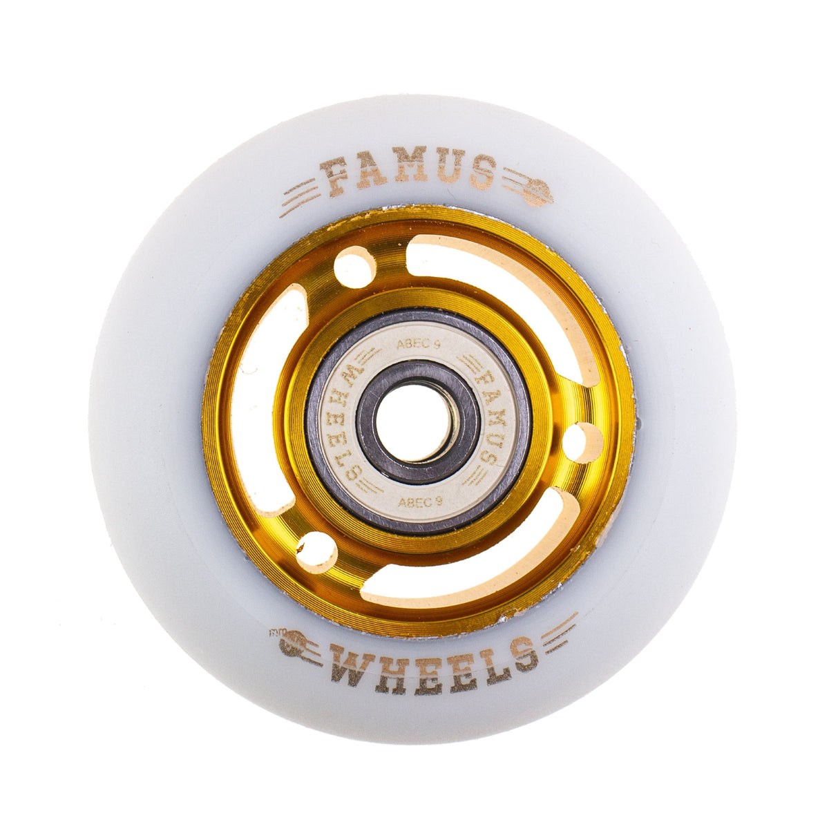 A close up view of a single white urethane aggressive inline skate wheel with printed gold text that reads "FAMUS 88A 64MM WHEELS" and gold metal core with spokes. The center of the wheel has a white bearing with gold text that reads "FAMUS ABEC 9 WHEELS". The background is white.