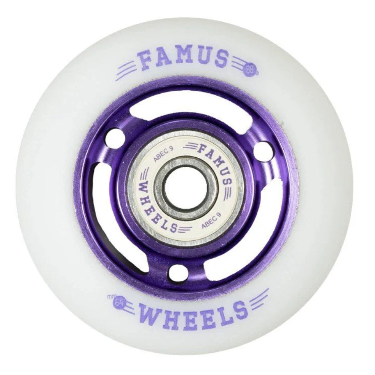 Close up shot of a single white urethane aggressive inline skate wheel with purple text that reads "famus 88a 64mm wheels" and a purple spoked core. In the center of the wheel there is a white bearing with purple text that reads "famus abec 9 wheels" 