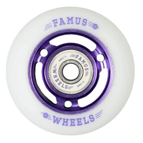 Close up shot of a single white urethane aggressive inline skate wheel with purple text that reads "famus 88a 64mm wheels" and a purple spoked core. In the center of the wheel there is a white bearing with purple text that reads "famus abec 9 wheels" 