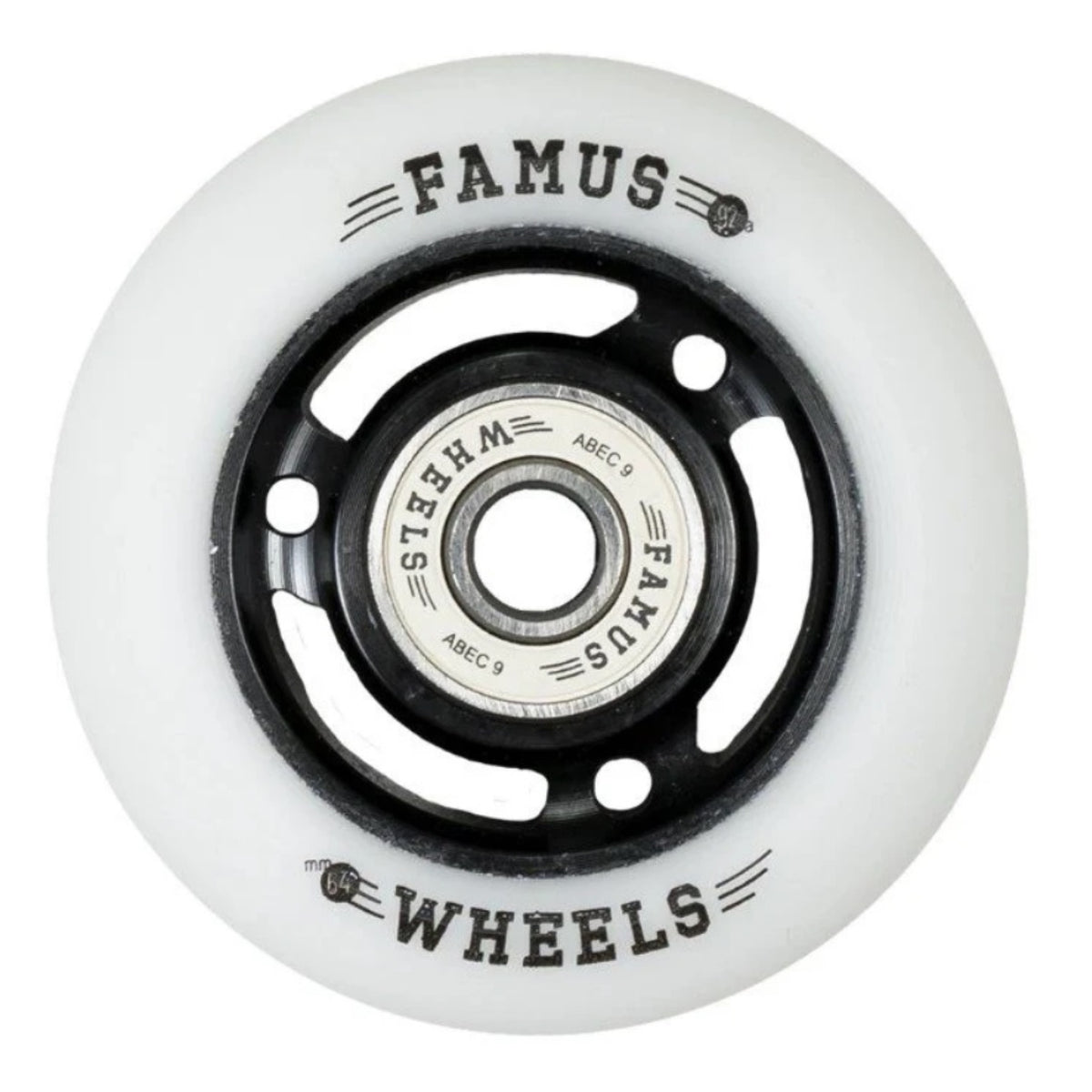 Close up shot of a single white/natural urethane aggressive skate wheel with a bearing inside. The wheel has spokes and both the spokes and core are black. The bearing that is installed in the wheel is white and has the text "famus wheels abec 9" on it. On the wheel itself it ha the text 'famus 92a 64mm wheels" in black. The wheel is featured on a white background.