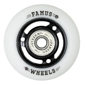 Close up shot of a single white/natural urethane aggressive skate wheel with a bearing inside. The wheel has spokes and both the spokes and core are black. The bearing that is installed in the wheel is white and has the text "famus wheels abec 9" on it. On the wheel itself it ha the text 'famus 92a 64mm wheels" in black. The wheel is featured on a white background.