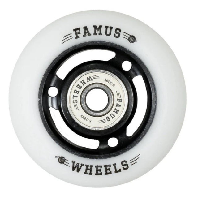 Close up shot of a single white/natural urethane aggressive skate wheel with a bearing inside. The wheel has spokes and both the spokes and core are black. The bearing that is installed in the wheel is white and has the text "famus wheels abec 9" on it. On the wheel itself it ha the text 'famus 92a 64mm wheels" in black. The wheel is featured on a white background.