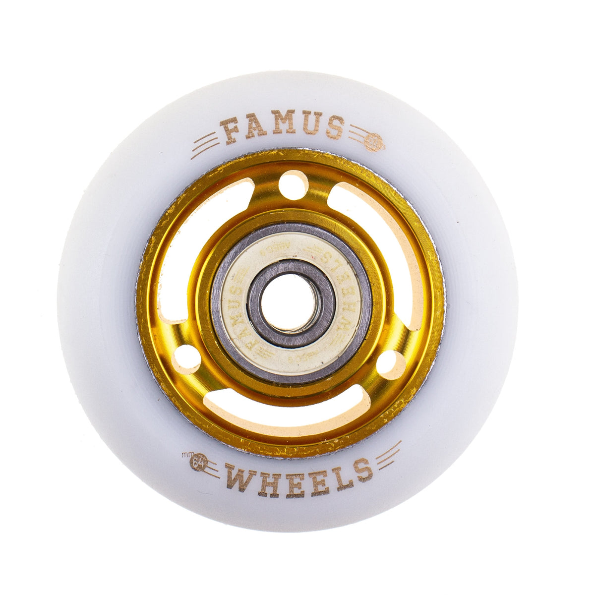 A close up view of a single white urethane aggressive inline skate  wheel with printed gold text that reads "FAMUS 92A 64MM WHEELS" and gold metal core with spokes. The center of the wheel has a white bearing with gold text that reads "FAMUS ABEC 9 WHEELS". The background is white.