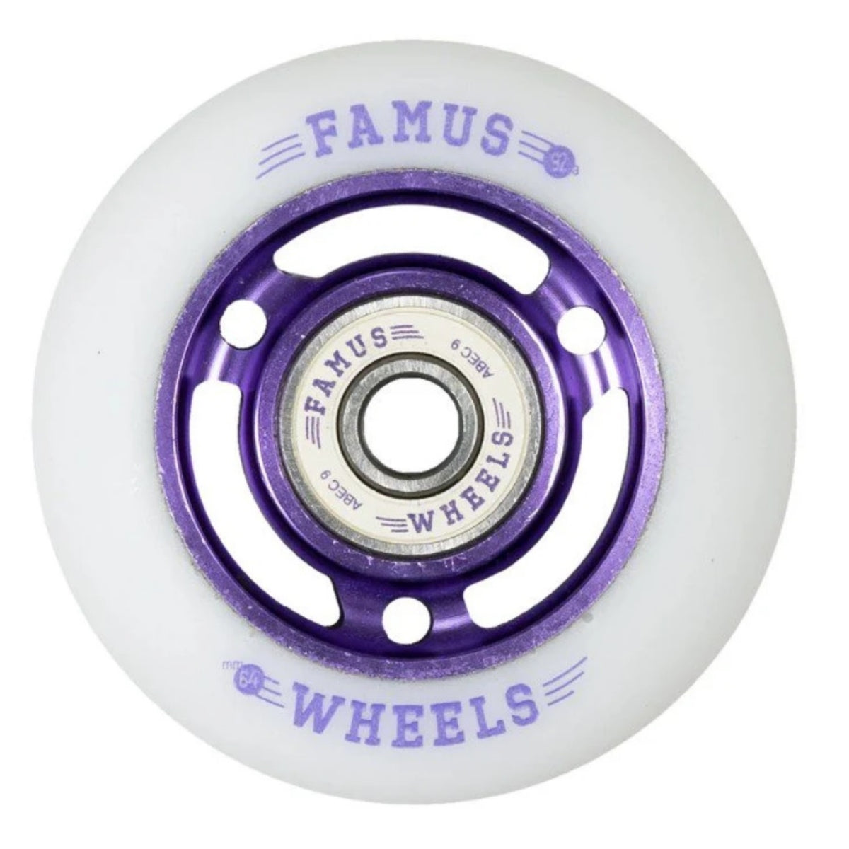 Close up shot of a white/natural color urethane aggressive inline skate wheel with purple metal spokes and core. In the center is a white bearing with the purple text "famus abec9 wheels". On the wheel is the text "famus 92a 64mm wheels". The wheel is featured against a white background. 