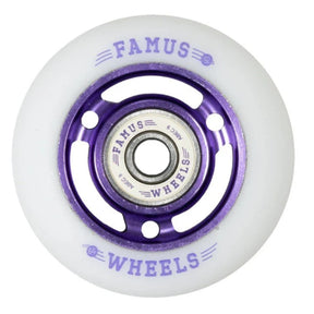 Close up shot of a white/natural color urethane aggressive inline skate wheel with purple metal spokes and core. In the center is a white bearing with the purple text "famus abec9 wheels". On the wheel is the text "famus 92a 64mm wheels". The wheel is featured against a white background. 