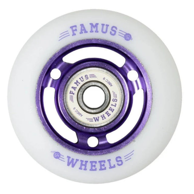 Close up shot of a white/natural color urethane aggressive inline skate wheel with purple metal spokes and core. In the center is a white bearing with the purple text "famus abec9 wheels". On the wheel is the text "famus 92a 64mm wheels". The wheel is featured against a white background. 