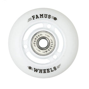 Up-close image of a white urethane inline skate wheel. The urethane, spokes, and the bearings in the wheel are all white. On the face of the wheel is is written "Famus 92" and "64 wheels". On the bearing is written "Famus abec 9 Wheels"