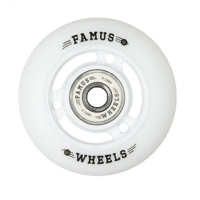 Up-close image of a white urethane inline skate wheel. The urethane, spokes, and the bearings in the wheel are all white. On the face of the wheel is is written "Famus 92" and "64 wheels". On the bearing is written "Famus abec 9 Wheels"