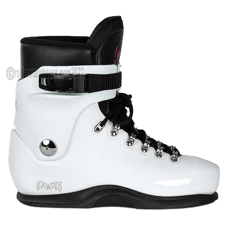 White ski boot with black accents on a white background