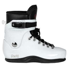 White ski boot with black accents on a white background