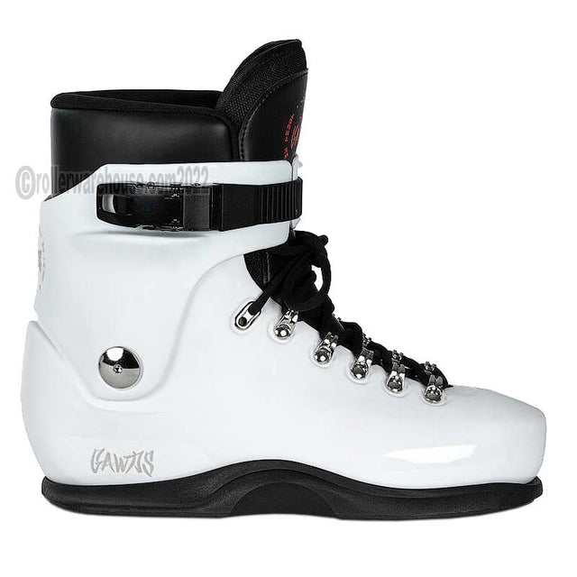 White ski boot with black accents on a white background