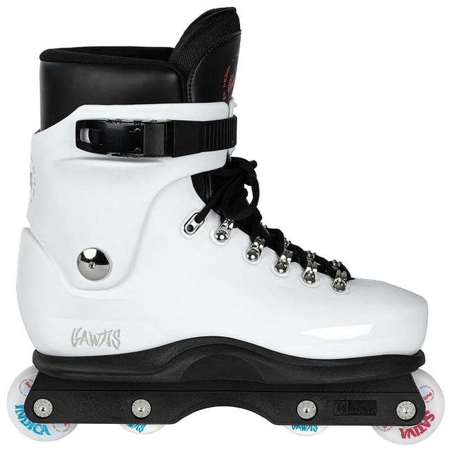 White roller skate with black accents on a white background