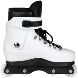 A white inline skate boot with black trim, black laces, and a black base, shown from a side angle against a white background.
