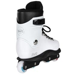 A white and black inline skate boot with four wheels, shown against a plain white background.