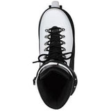 A single black and white high-top lace-up boot shown from a top-down view on a plain white background.