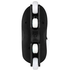 A close-up of a black inline skate frame with three white wheels visible against a plain white background.