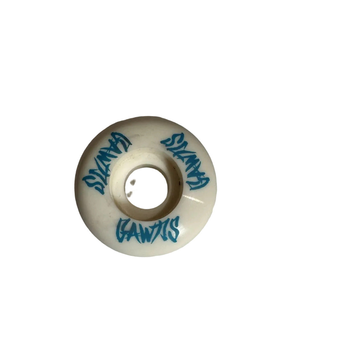 An off-white skateboard wheel with blue 'SLAMANA' and 'GAWKS' graphics, photographed on a plain light gray background.