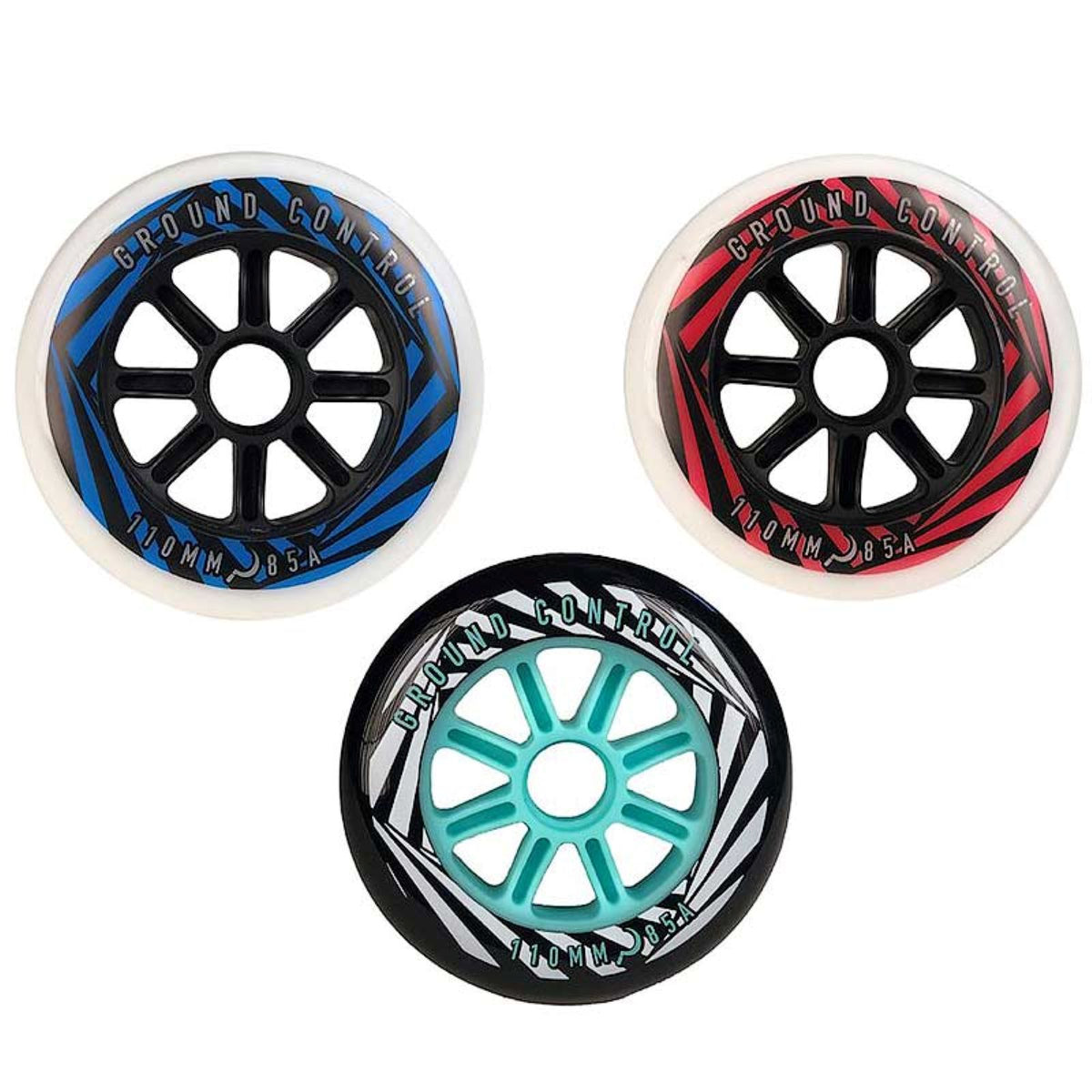 Ground Control Psych Wheels 110mm 85a. Big Wheels in Red, Blue, Silver Graphics on White or Natural urethane.  Sold in 6-packs