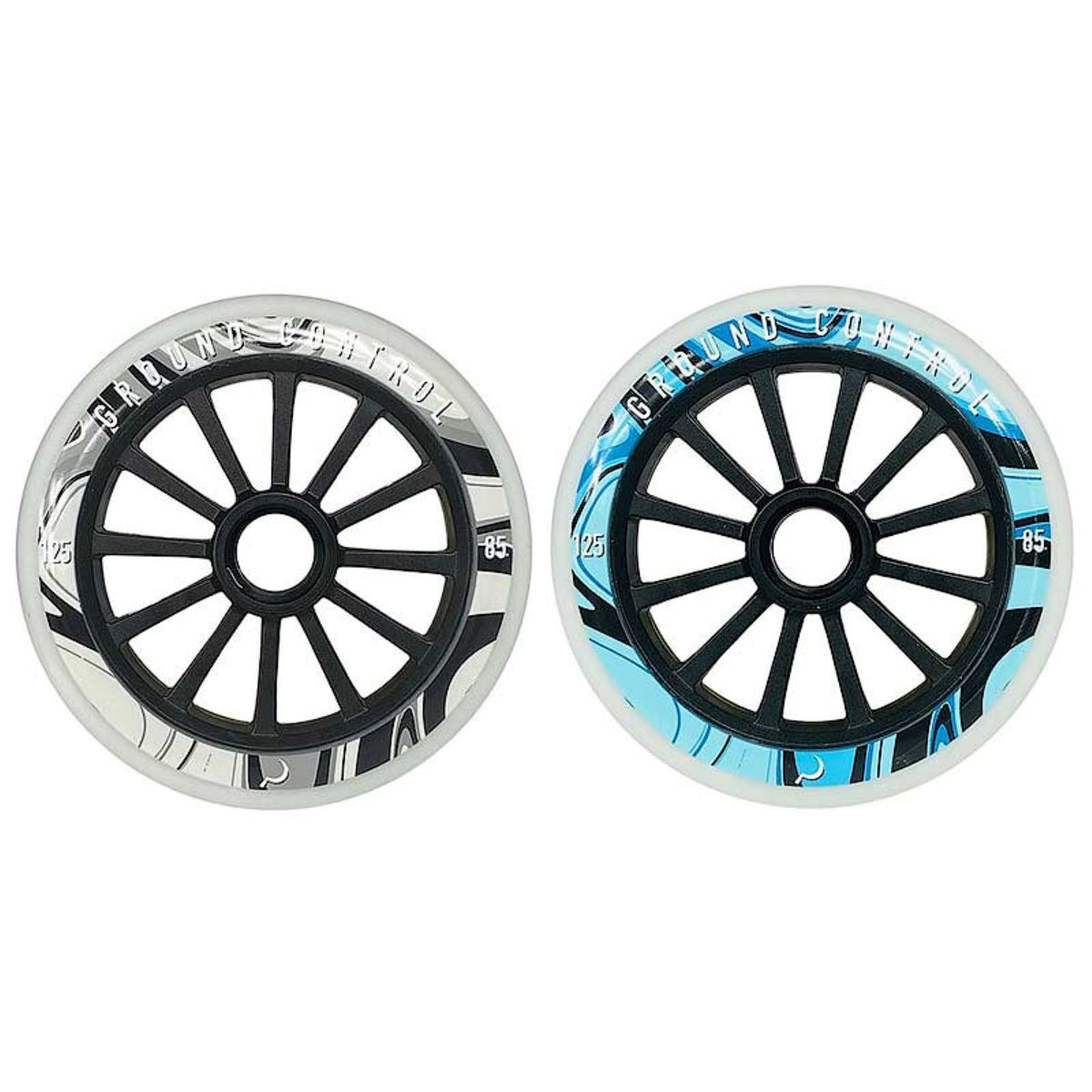 Pair of Ground Control 125mm 85A Psych inline skate wheels featuring black spoked hubs and clear/natural/white urethane with black, grey, and blue graphic side walls.