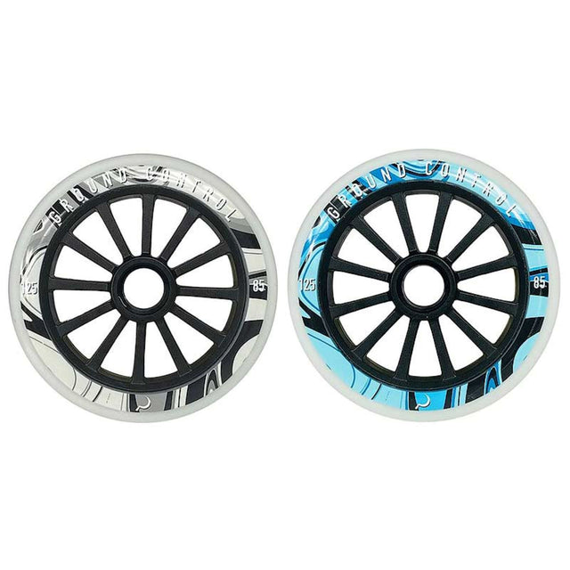 Pair of Ground Control 125mm 85A Psych inline skate wheels featuring black spoked hubs and clear/natural/white urethane with black, grey, and blue graphic side walls.