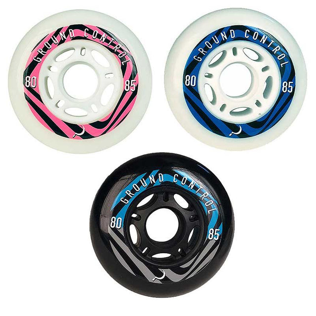 Three inline skate wheels on a plain white background: two translucent white wheels with pink and blue graphics, and one black wheel with blue and gray graphics. Each wheel shows the text 'GROUND CONTROL' and speed markings 80 and 85.