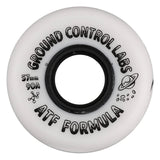 A single white skate wheel with black printed text reading 'GROUND CONTROL LABS ATF FORMULA' and size markings '57mm 90A', shown on a plain white background.