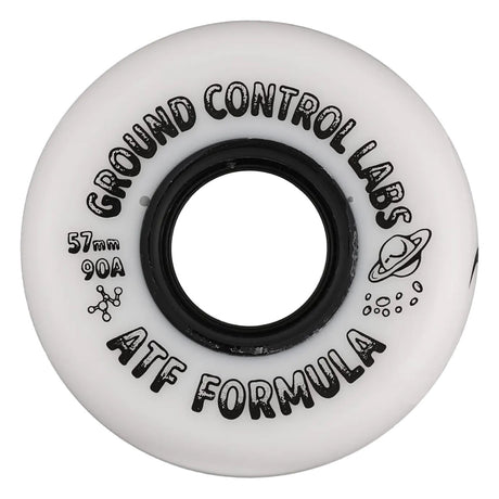 A single white skate wheel with black printed text reading 'GROUND CONTROL LABS ATF FORMULA' and size markings '57mm 90A', shown on a plain white background.