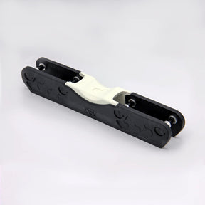 A black and white aggressive inline skate frame on a white background.