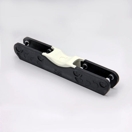 A black and white aggressive inline skate frame on a white background.
