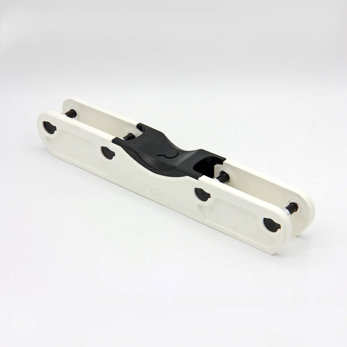 A white and black aggressive inline skate frame on a white background