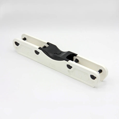 A white and black aggressive inline skate frame on a white background