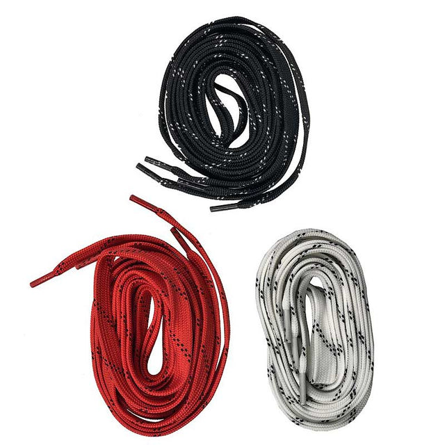Three pairs of shoelaces in black, red, and white on a white background