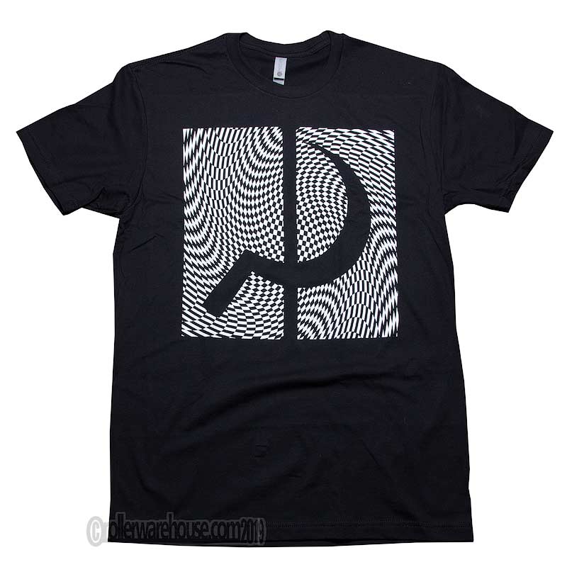 Black t-shirt with a white sickle symbol design on a plain background