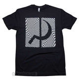 Black t-shirt with a white sickle symbol design on a plain background