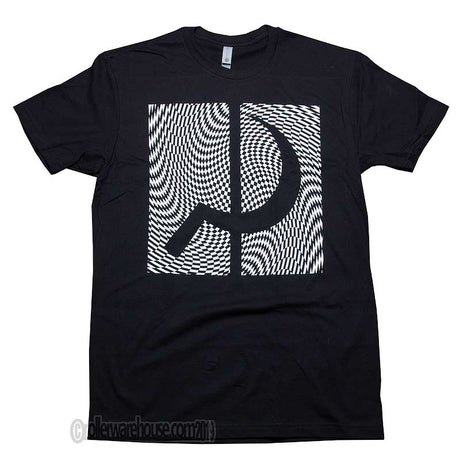 Black t-shirt with a white sickle symbol design on a plain background