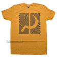 Yellow t-shirt with a black patterned sickle symbol on a white background