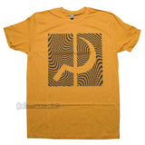 Yellow t-shirt with a black patterned sickle symbol on a white background