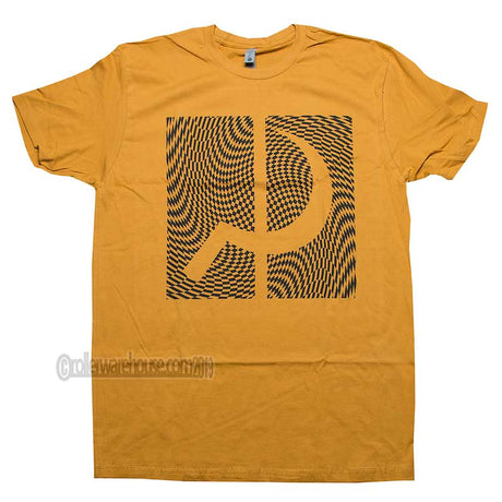 Yellow t-shirt with a black patterned sickle symbol on a white background