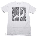 White t-shirt with black and white patterned logo on a white background