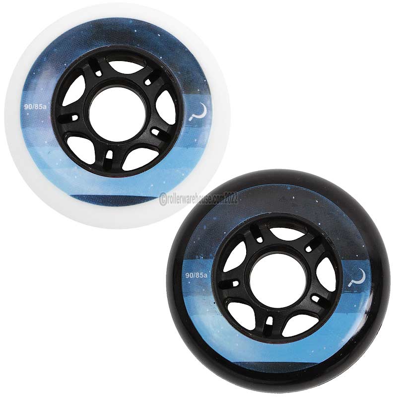 Two inline skate wheels, one white and one black, with a gradient blue and black design on a white background
