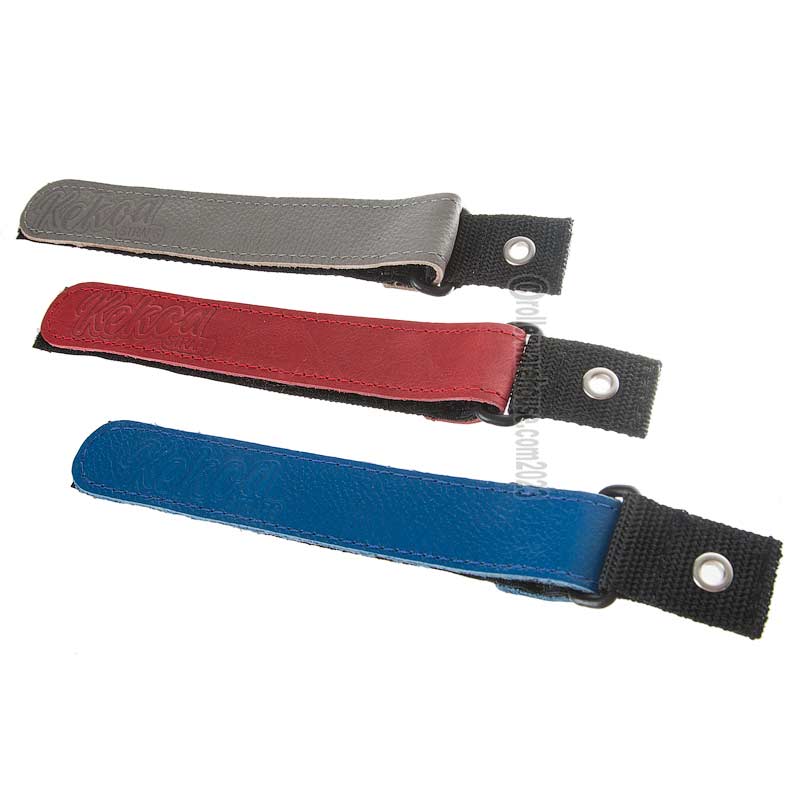 Three leather straps with metal clasps in gray, red, and blue on a white background.